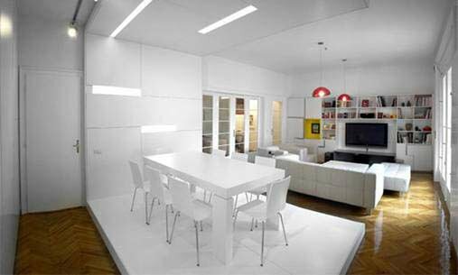 Белая столовая мебель на белом подиуме на фоне коричневого паркетного пола и белого мягкого уголка у полки с телевизором