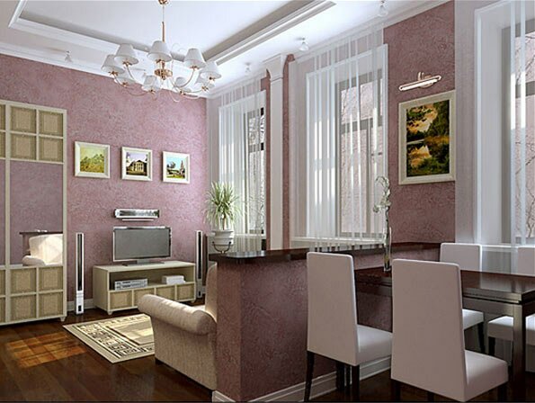 Розовый беж на стенах и белый потолок и белые окна в квартире студии с обеденной и столовой зонами