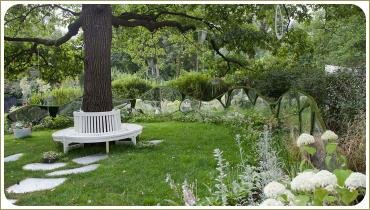 Белая скамья и светлые растения в саду