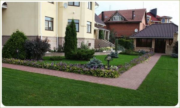 Миксбордер из разных растений на фоне газона и мощёной плиткой дорожки и растения