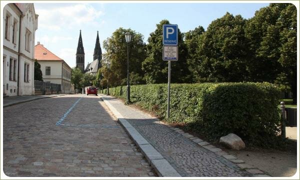 Стриженные кустарники вдоль мощёной дороги и здания и деревья