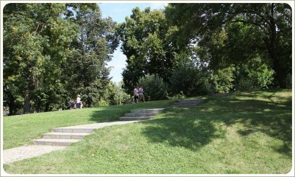 Ступени из камня на холмистой зелёной лужайке на фоне больших деревьев