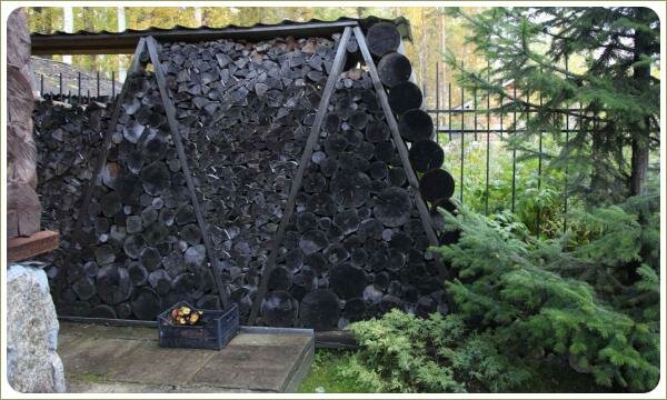 Тёмные поленья уложенные в виде пирамиды на фоне забора и ели