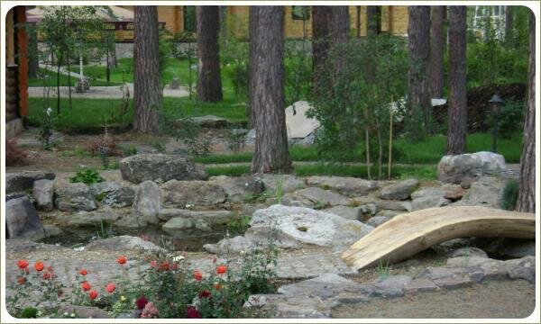 Небольшое озерко в окружении камней различной формы среди высоких штамбовых деревьев и мостик из светлого дерева