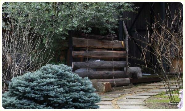 Экран из грубых досок на фоне хвойных и лиственных растений