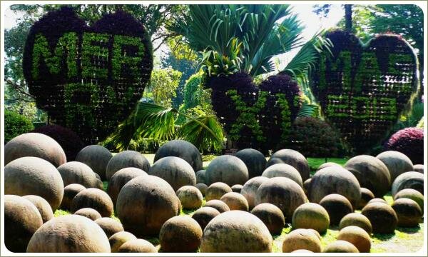 Огромные конструкции в виде сердец заполнены горшечными растениями разного цвета на фоне каменных сфер и пальм