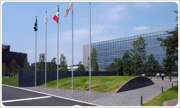 Разноцветные флаги на высоких стойках на фоне зелёного холма и проезжей части с переходом и штамбовых деревьев на площади у здания