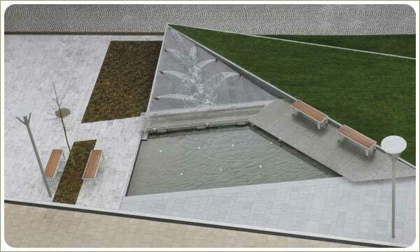 Водоём треугольной формы и газон в треугольнике и мощение дорожек и площадок