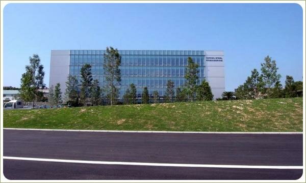 Холм с облезлым газоном вдоль проезжей части на фоне остеклённого здания и деревьев