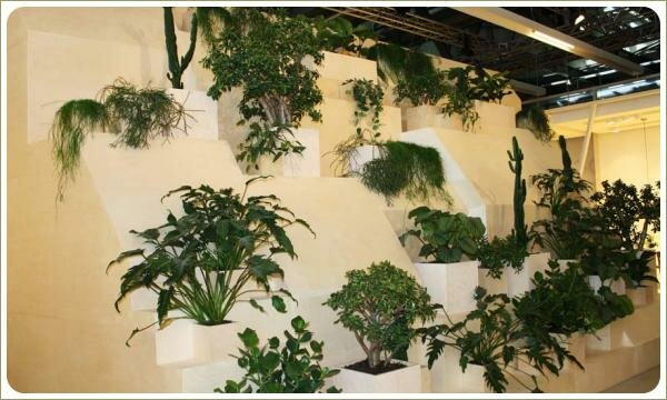 Контейнерное озеленение стены с уступами Стена с уступами и карманами и растения в контейнерах и на полках в горшках