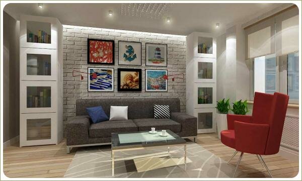 Стена из камня в гостиной Светлая гостиная с каменной стеной и корпусной мебелью вдоль неё и кресло красное