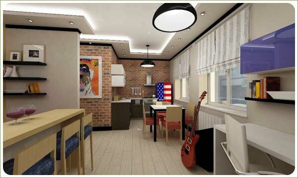 Студия с отделкой камнем Большое помещение со стенами из разных материалов и камня и столы и стулья