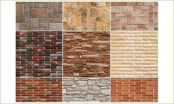 Фрагмент с каменной отделкой Шесть квадратов с разными типами камней для отделки
