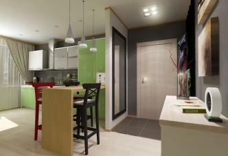 Прихожая с кафельным полом, зеркало и тумба