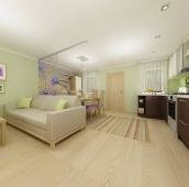 Диван отделен шторкой из разноцветных бусин от столовой зоны, перед диваном небольшой кофейный столик, справа кухонный гарнитур выполненный в двух цветах - нижние шкафы коричневые, верхние светлые цвета ваниль. Стены в комнате приятного светло-зеленого цвета, потолок в один уровень, с встроенными точечными светильниками. Пол светлый из паркетной доски.