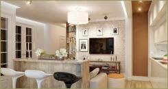 Небольшая квартира-студия в бежевых тонах Барная стойка с отделкой камнем и три барных стула и светлые стены и потолок