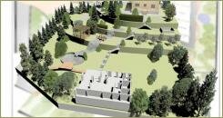 На фоне плана с растениями и дорожками видовые картинки сада и макет в объёме